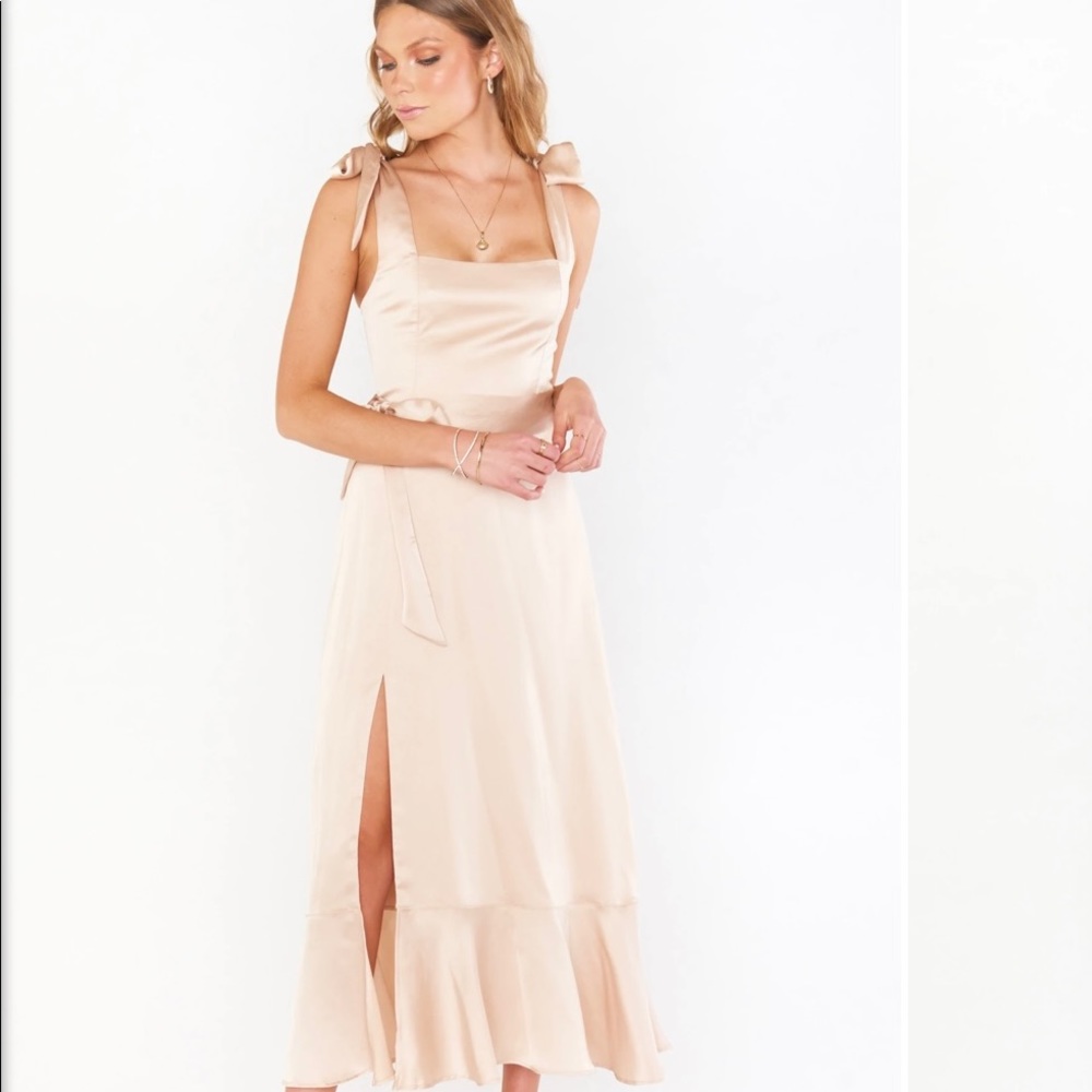 Show Me Your Mumu Claire Midi Dress in Champagne in Size Medium